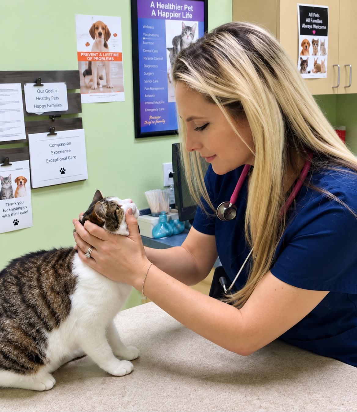 Dr. Nikki Cutrone gently examining a cat at All Pets Animal Clinic