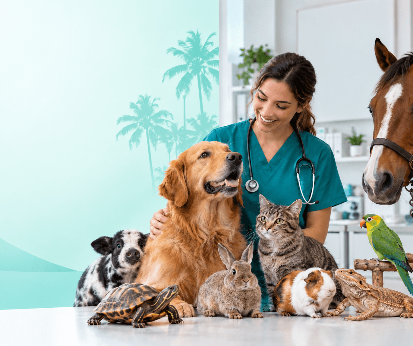Veterinary care illustration with a dog, cat, horse, calf, rabbit, turtle, guinea pig, parrot and lizard